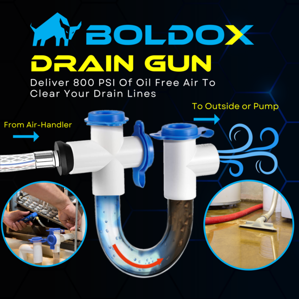 Drain Gun illustration for Boldox Drain Gun Blue featuring Hose & 4 CO2 cartridges