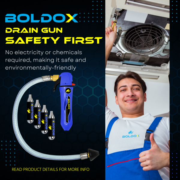 Safety First illustration for Boldox Drain Gun Blue featuring Hose & 4 CO2 cartridges