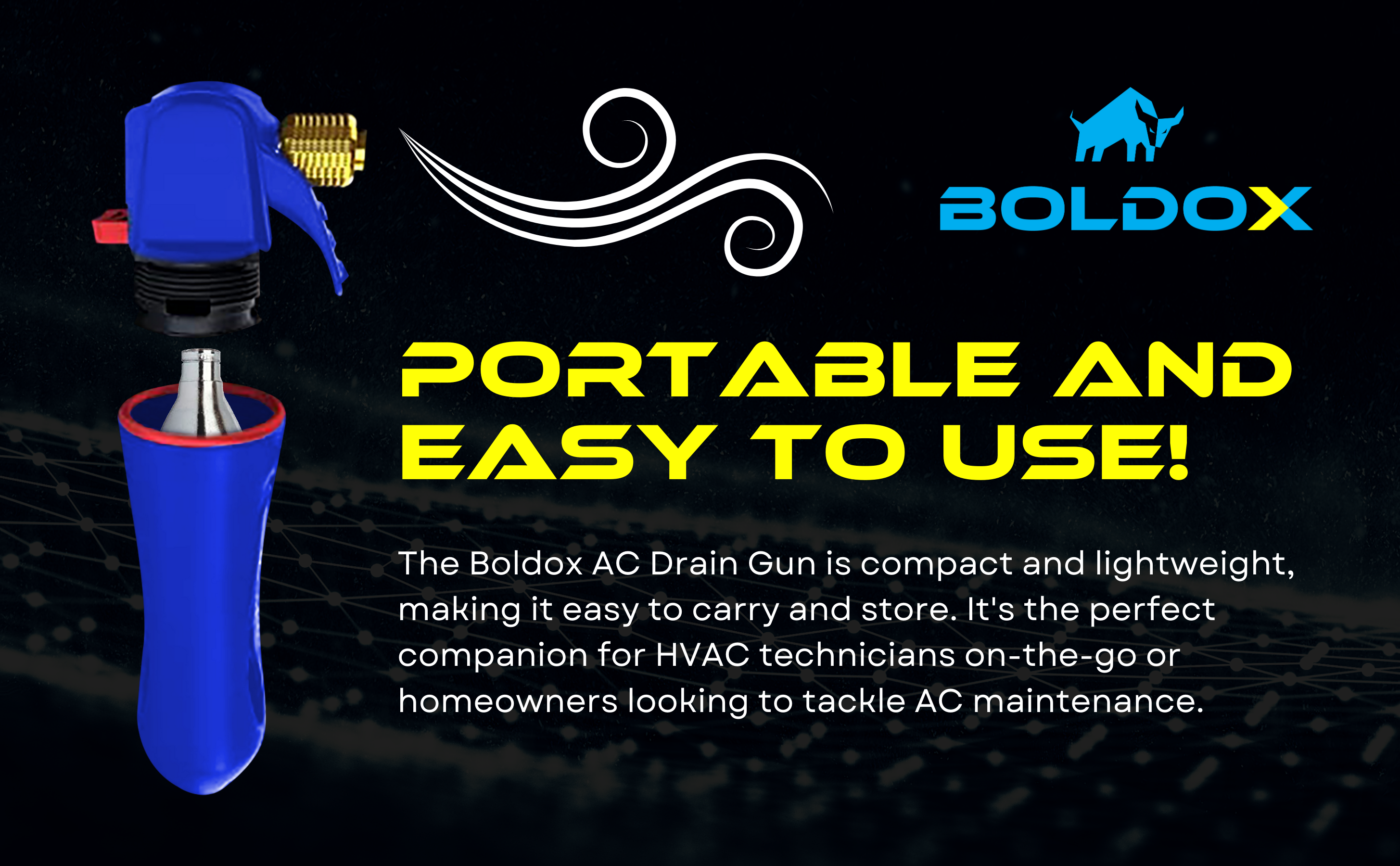 Breakdown of the Boldox Drain Gun Blue featuring Hose & 4 CO2 cartridges