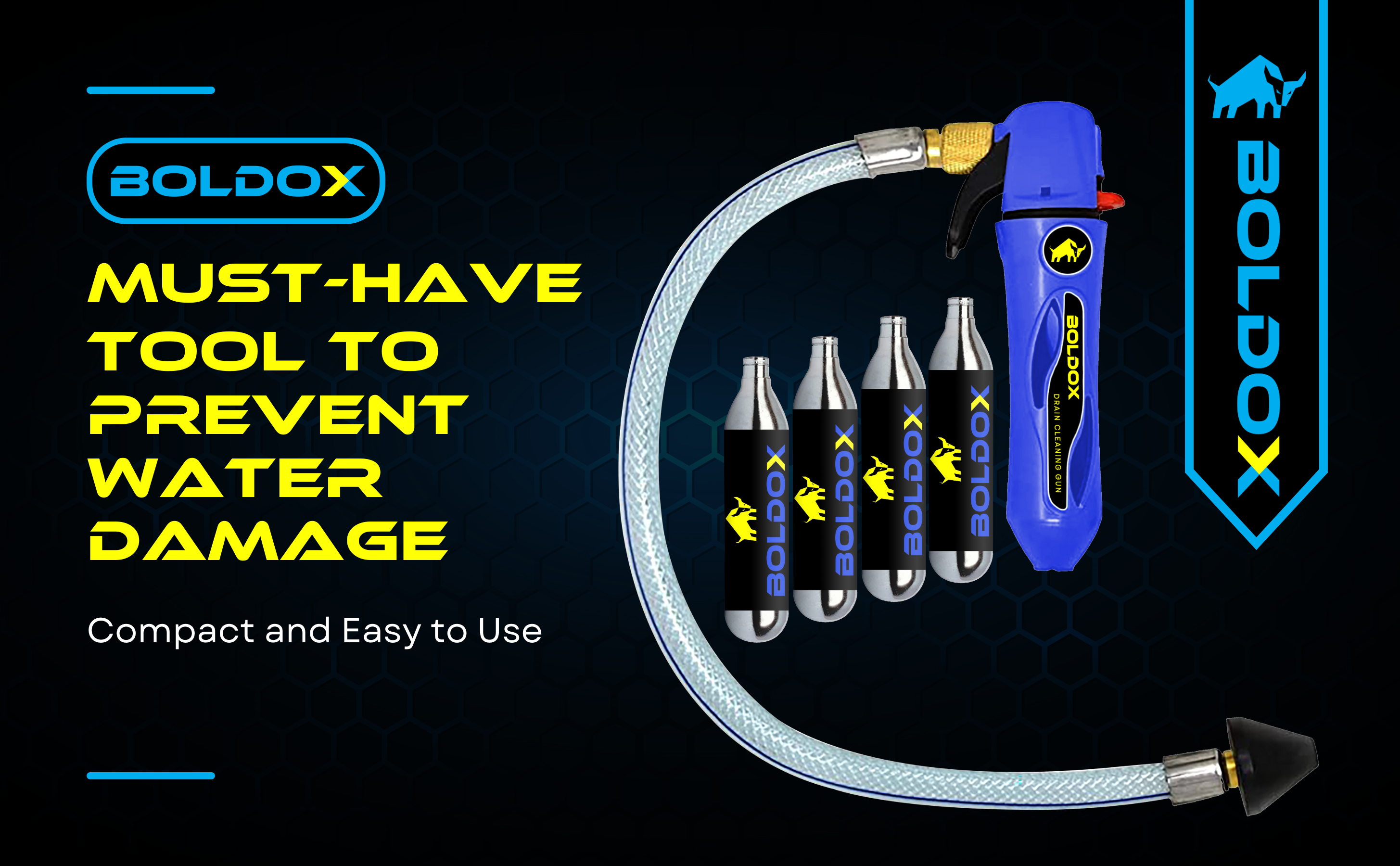 Boldox Drain Gun Blue featuring Hose & 4 CO2 cartridges prevents water damage