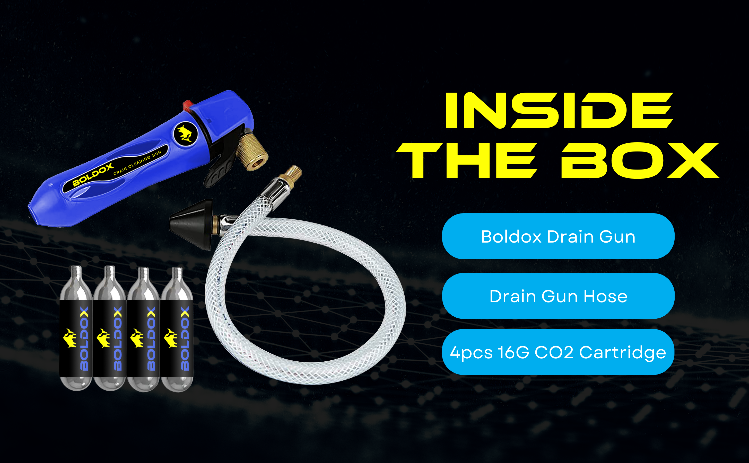 Product Features for the Boldox Drain Gun Blue featuring Hose & 4 CO2 cartridges