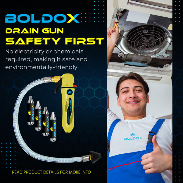 Safety First illustration for Boldox Drain Gun Yellow featuring Hose & 4 CO2 cartridges