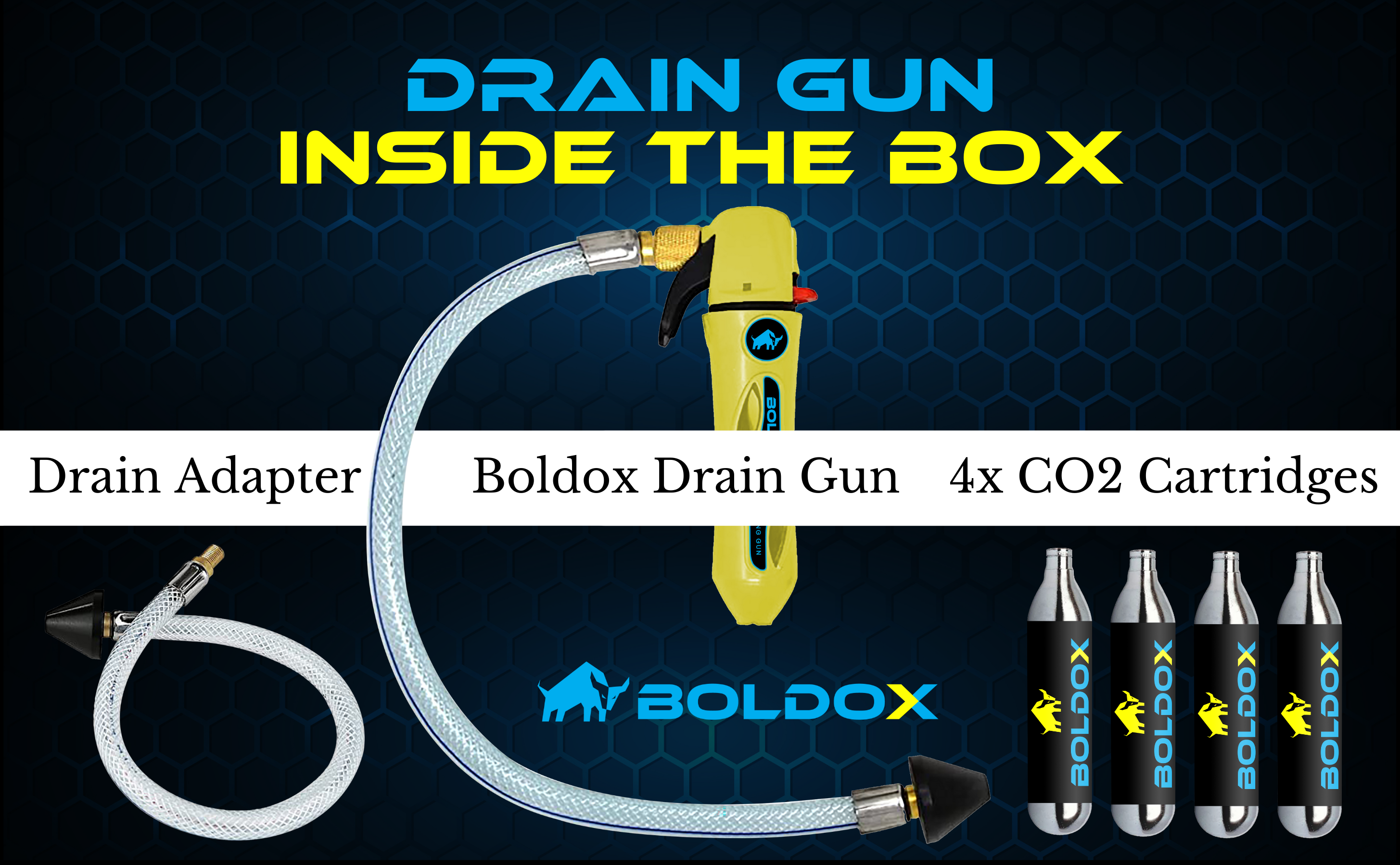 Breakdown of the Boldox Drain Gun Yellow featuring Hose & 4 CO2 cartridges