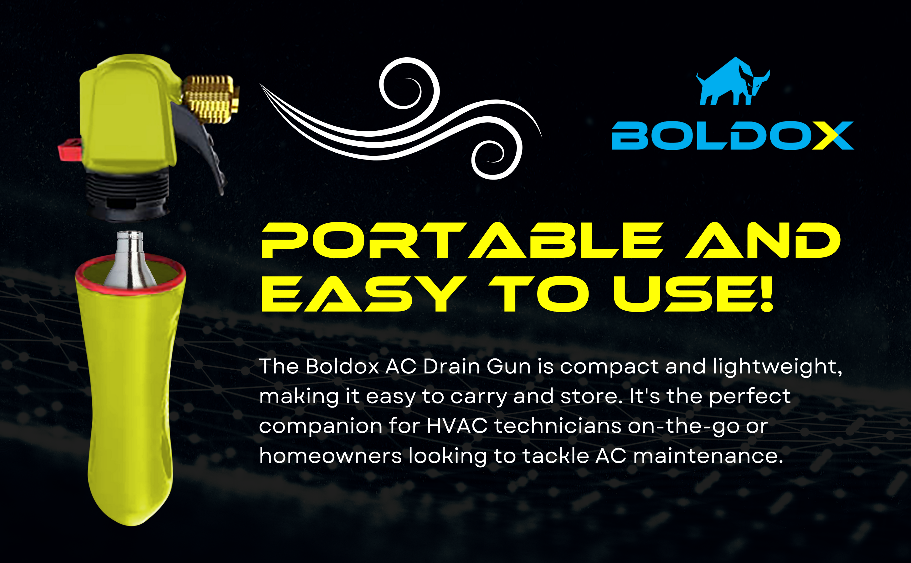 Breakdown of the Boldox Drain Gun Yellow featuring Hose & 4 CO2 cartridges